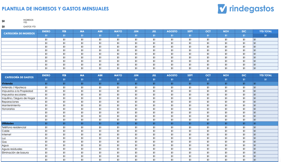 Plantilla de ingresos y gastos mensuales