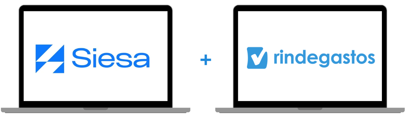 Representación gráfica de la integración entre Siesa y Rindegastos con los logotipos de ambas plataformas en dos laptops, conectados por un símbolo de suma.