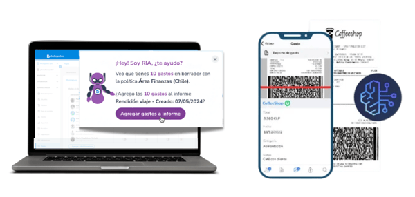 Interfaz de Rindegastos con inteligencia artificial RIA, mostrando un mensaje emergente en una computadora portátil sobre agregar gastos al informe y un escaneo de recibo en un teléfono móvil.