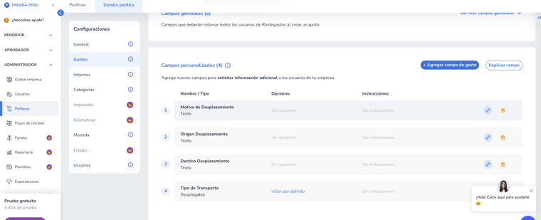 Una captura de pantalla de la aplicación Rindegastos en la sección "Configuraciones" bajo la pestaña "Gastos". La sección titulada "Campos personalizados" muestra cuatro campos personalizados: "Motivo de Desplazamiento", "Origen Desplazamiento", "Destino Desplazamiento" y "Tipo de Transporte". Cada campo está listado con su tipo (por ejemplo, Texto, Desplegable) y una opción para editar o eliminar. El menú de navegación a la izquierda incluye secciones para políticas, flujos de revisión, fondos, reportes, plantillas y exportaciones.