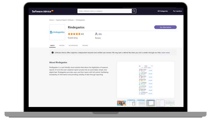 "Vista de la página de Rindegastos en Software Advice en una laptop, mostrando una descripción y la calificación general del producto."