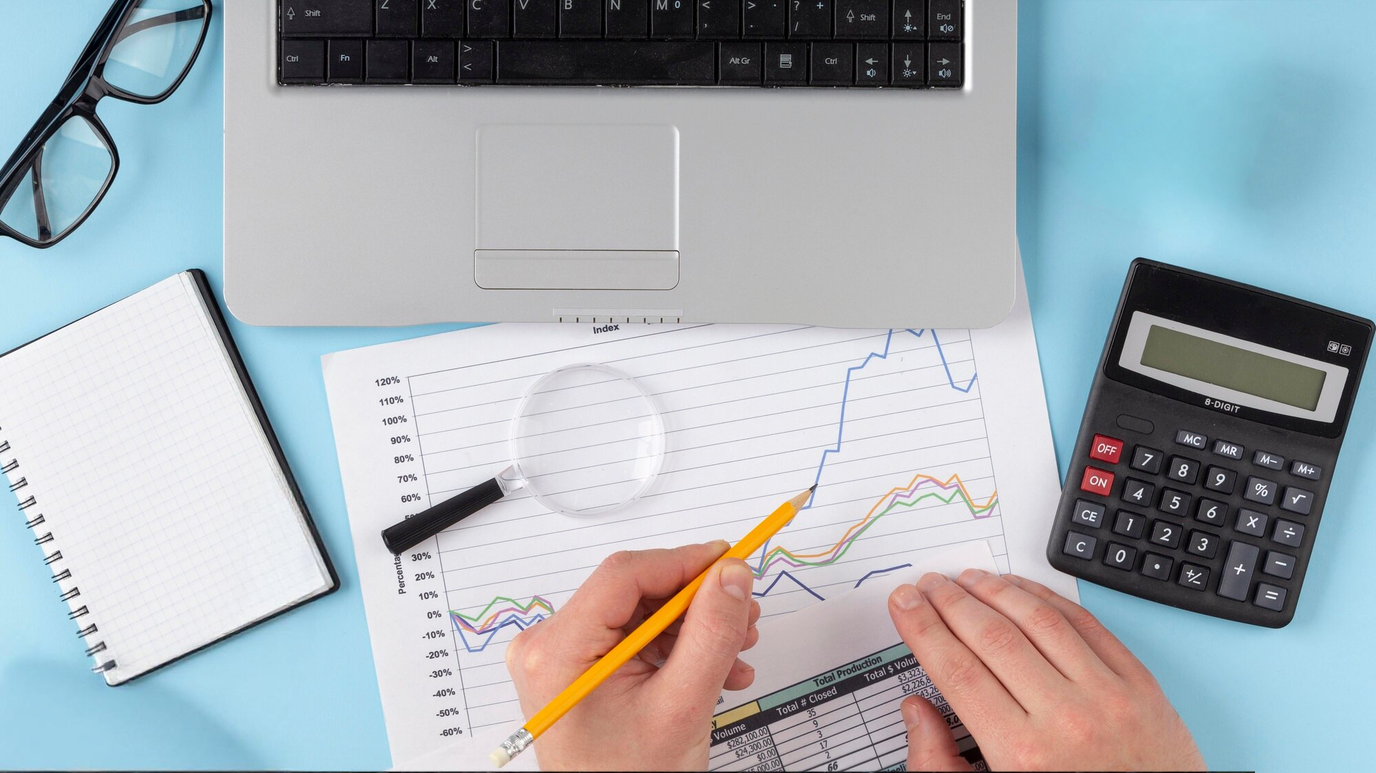 Una persona analizando gráficos financieros sobre una hoja impresa con una laptop, una calculadora, una lupa y un cuaderno sobre un fondo azul.
