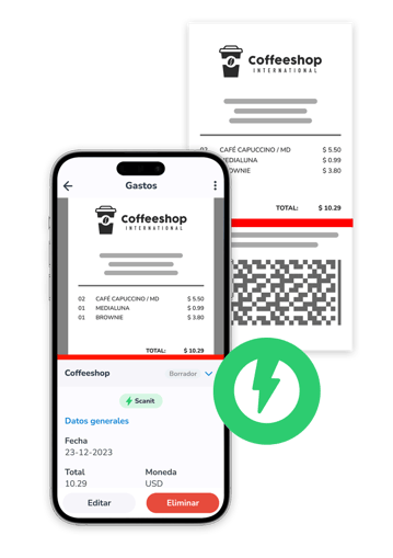 nterfaz de aplicación móvil mostrando un recibo de Coffeeshop International. El recibo incluye detalles de una compra de café, medialuna y brownie, junto a un código QR. El total de la compra es de 10.29 USD.