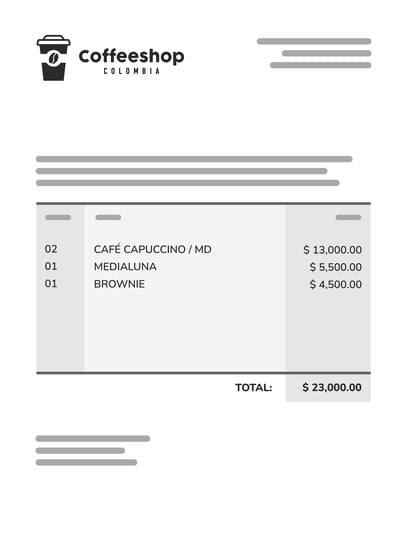 Factura impresa de un café y pastelería, detallando productos y precios en un recibo de compra con total de $23,000.