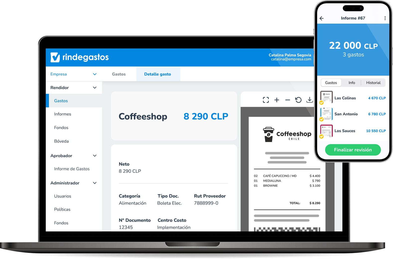 Pantalla de la plataforma Rindegastos en una laptop mostrando el detalle de un gasto en 'Coffeeshop' y un teléfono móvil con el resumen de un informe de gastos