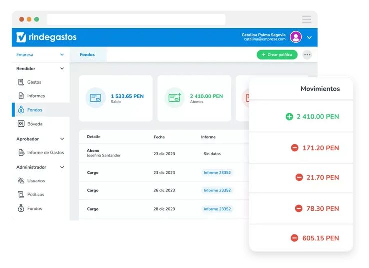 Pantalla de Rindegastos mostrando la sección de fondos, con detalles del saldo, abonos y movimientos recientes, incluyendo cargos y abonos en soles peruanos (PEN)