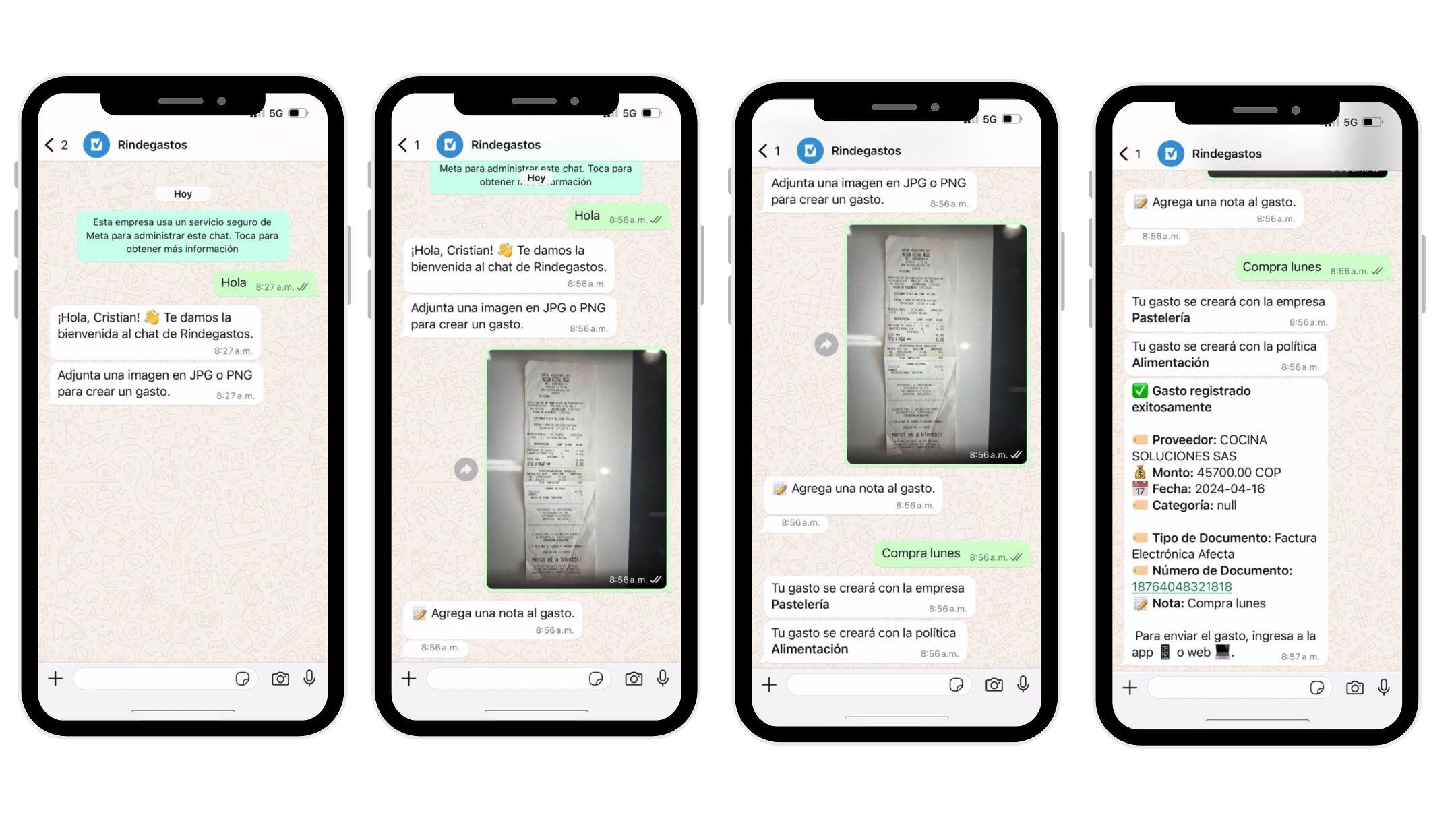 Serie de capturas de pantalla de un proceso en WhatsApp para rendir gastos con Rindegastos. Incluye: fotografía de un recibo, envío de la foto al chat, instrucciones para agregar notas al gasto y confirmación del gasto creado exitosamente con detalles procesados por inteligencia artificial