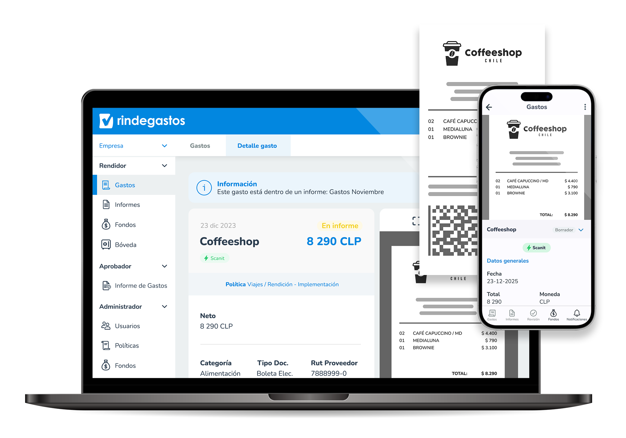 Vista de la plataforma web y móvil de Rindegastos